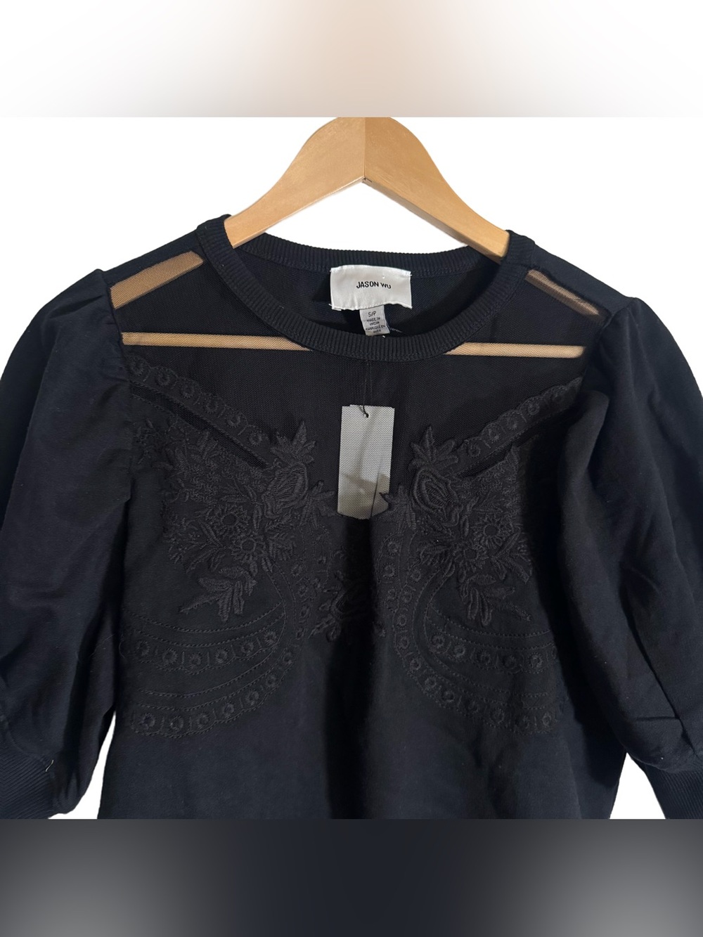 Jason Wu Edit Puff Sleeve Top Women's Small Sheer Embroidery Black Casual NWT - Picture 6 of 6